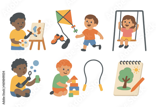 Fun with Prosthetics. Flat vector mini-illustrations fun activities with prosthetics in colors children's
