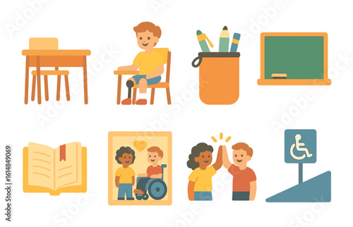 Inclusive Classroom Icons. Flat vector mini-illustrations classroom life with prosthetics in colors children's