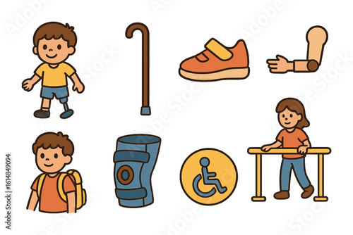 Inclusive Kids' Illustrations. Flat vector mini-illustrations daily life with prosthetics in colors children's