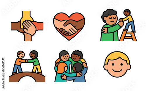 Teamwork Icons Grid. Flat vector mini-illustrations trust building in teams in colors children's illustrations