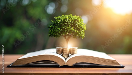 Open book with coins and tree, nature background