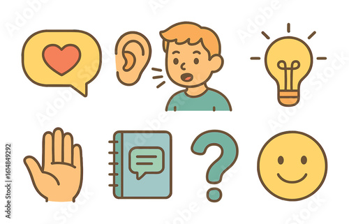 Communication Skills Icons. Flat vector mini-illustrations coaching communication skills in colors children's