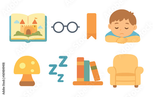 Bedtime Story Icons. Flat vector mini-illustrations nap with favorite book in colors children's illustrations:
