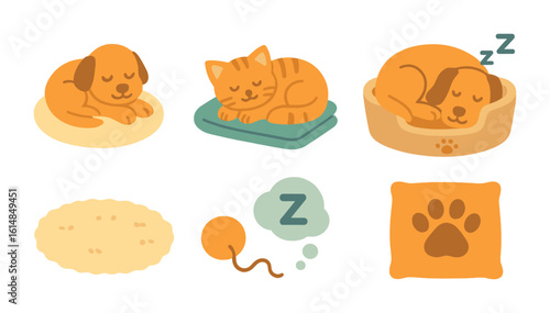 Cozy Pets Nap Time. Flat vector mini-illustrations cozy nap time with pets in colors children's illustrations: