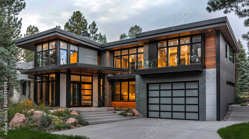 Luxury house exterior with brick and siding trim and double garage.