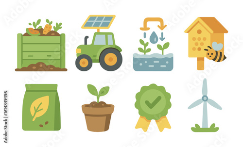 Sustainable Farming Icons. Flat vector mini-illustrations sustainable farming startups in colors children's