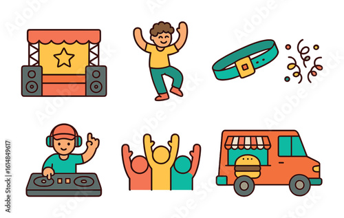 Youth Music Festival Icons. Flat vector mini-illustrations youth music festival in colors children's