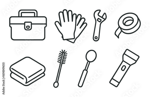 DIY Plumbing Kit Icons. Outline icon set of DIY plumbing kit: compact toolbox, gloves, mini wrench, plumber’s