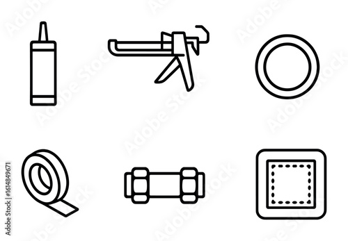 Leak Sealing Tools. Outline icon set of tools for sealing leaks: silicone tube, caulk gun, epoxy tube, rubber