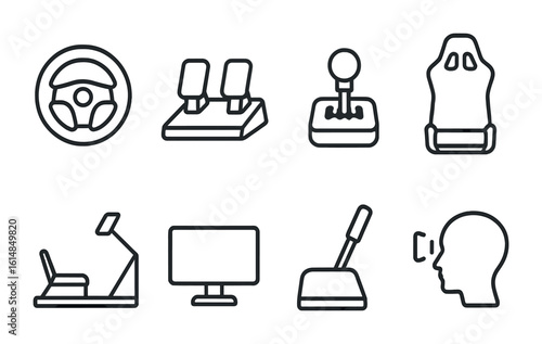 Racing Simulator Gear Icons. Outline icon set of racing simulator gear: racing wheel, pedal set, gear shifter,
