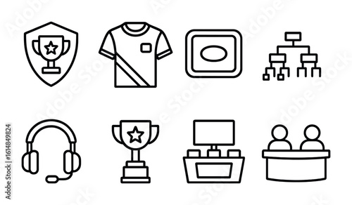 eSports Essentials Icons. Outline icon set of eSports essentials: tournament badge, gaming jersey, sponsor