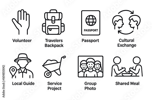 Volunteer Icon Set. Outline icon set of volunteer efforts abroad: volunteer hand, travel backpack, passport