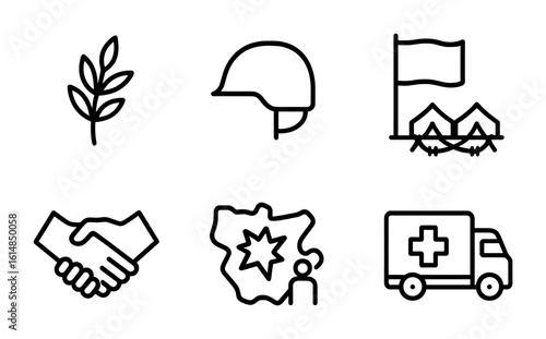 Peacekeeping Icon Set. Outline icon set of peacekeeping and conflict zones: olive branch, helmet icon, neutral
