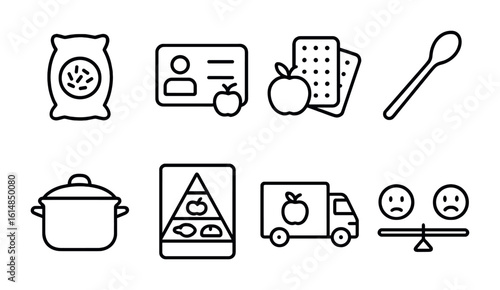 Food Aid Icons. Outline icon set of food and nutrition aid: rice sack, food ration card, fortified biscuits,