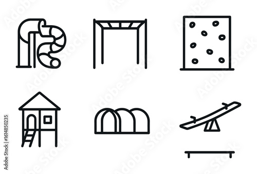 Playground Structures Icons. Outline icon set of playground structures: tube slide, monkey bars, climbing wall