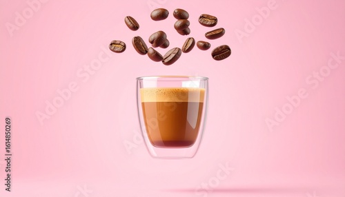 Coffee in a Glass with Flying Coffee Beans on a Pink Background