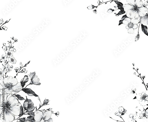 Elegant floral frame featuring hand-drawn monochrome flowers and foliage creating a beautiful decorative corner design on transparent background
