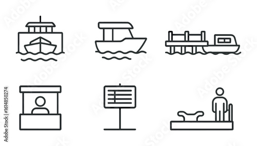 Urban Water Transport Icons. Outline icon set of urban water transport: ferry terminal, water taxi, pontoon