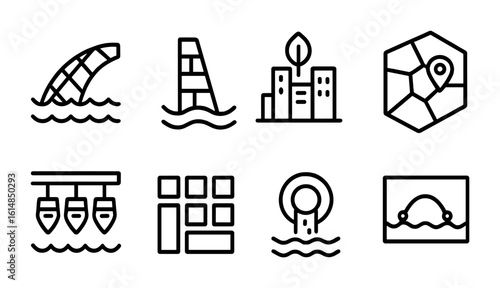 Coastal City Planning Icons. Outline icon set of coastal city planning: breakwater line, sea wall, zoning map,