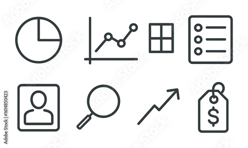 Market Analysis Icons Set. Outline icon set of market analysis tools: market pie chart, competitor graph, SWOT