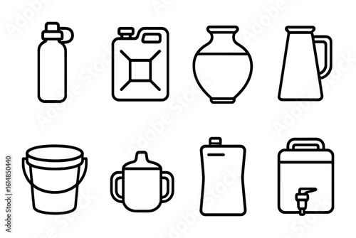 Water Container Icons. Outline icon set of drinking water containers: reusable bottle, jerry can, clay pot,