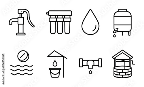 Clean Water Icons. Outline icon set of clean water initiatives: water pump, filtration system, clean water