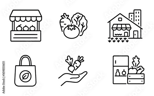 Local Food Icons. Outline icon set of local food systems: farmer’s market, local produce, food co-op, city