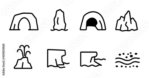 Rocky Coastline Icons. Outline icon set of rocky coastline formations: sea arch, sea stack, tide cave, rocky