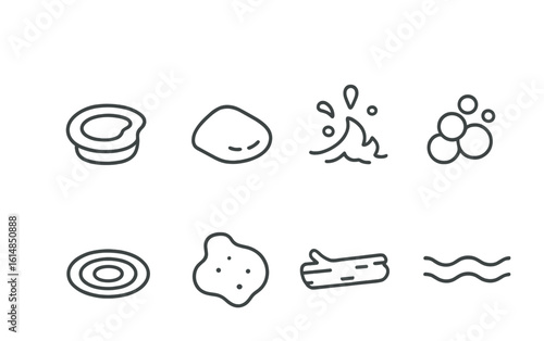 Tidal Zone Icons. Outline icon set of tidal zone features: tidal pool, wet rock, wave splash, sea foam, water