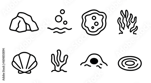 Underwater Rock Pool Icons. Outline icon set of underwater rock pool environment: rock crevice, bubbling water