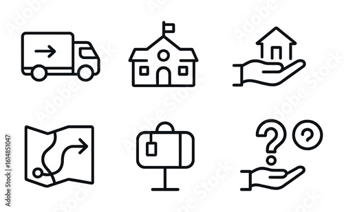 Navigation Icons Set. Outline icon set of navigating transitions: moving van, new school icon, home handoff,
