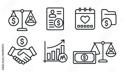 Child Support Finance Icons. Outline icon set of child support and finances: money balance, document icon,