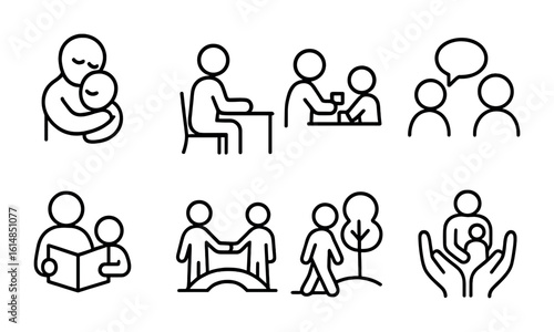Parent-Child Bonding Icons. Outline icon set of parent-child bonding post-divorce: hug icon, one-on-one time,