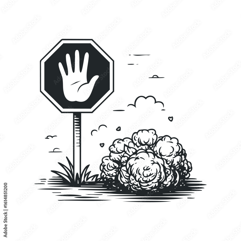 Naklejka premium Hand Stop Sign Next to Bush in Monochrome Illustration. Hand drawn vector illustration