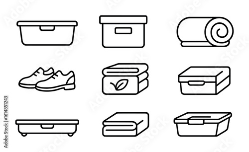 Underbed Storage Icons. Outline icon set of storage under the bed: storage bin, labeled box, shoe pair,