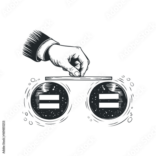Voting hand drawing dropping ballot into a box with equal sign. Hand drawn vector illustration