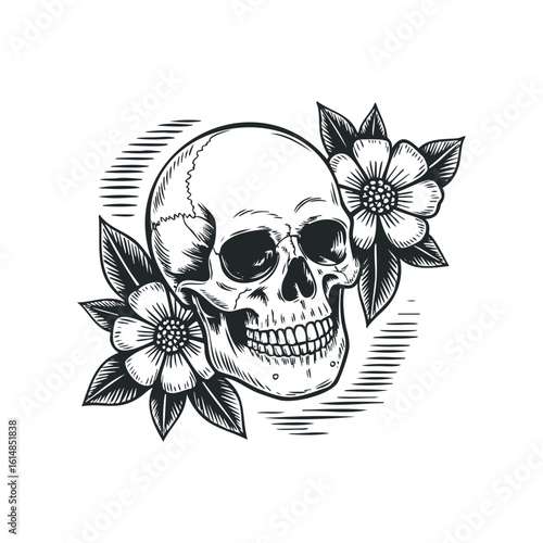 Skull with Flowers Engraving Style on White Background. Hand drawn vector illustration