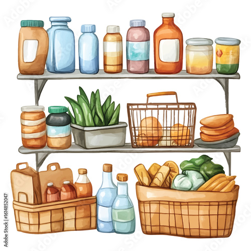 Watercolor illustration of supermarket shelves filled with jars bottles baskets and produce