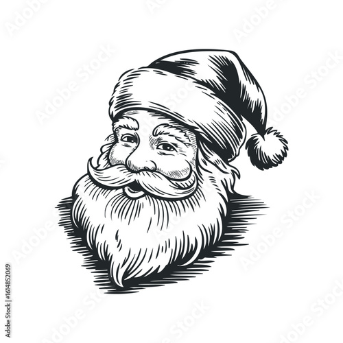 Santa Claus Portrait in Vintage Engraving Style with Festive Christmas Hat. Hand drawn vector illustration