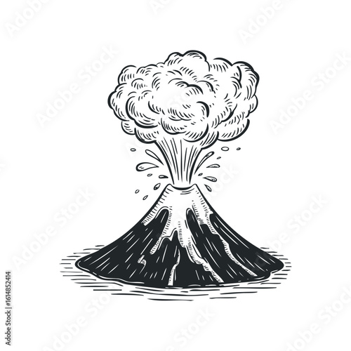 Volcano Eruption with Lava Spewing in a Black and White Engraving Style. Hand drawn vector illustration