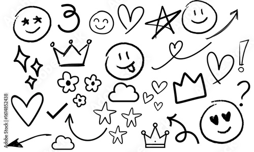 Smile brush hand drawn vector element set. crown symbol crayon texture marker background kid sketch style hand drawn element. Color smiley face, arrow. Emoji fun face, heart Vector illustration white 
