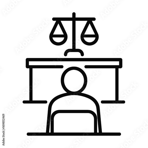 Person sitting in courtroom with scales of justice symbol above  