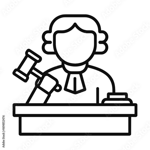 Judge with gavel sitting at court desk in simple outline style  