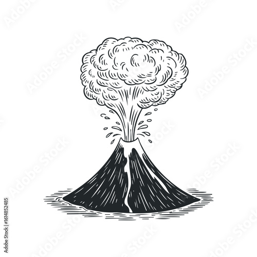 Erupting Volcano with Smoke Plume in Black and White Engraving Style. Hand drawn vector illustration