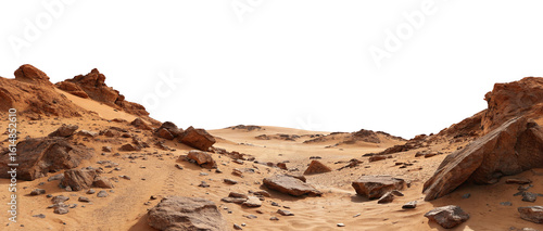 Desolate arid landscape with rocky terrain under dark sky in desert area with sandy ground feature