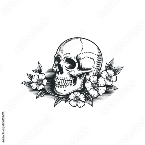 Skull with Flowers Woodcut Style on White Background. Hand drawn vector illustration