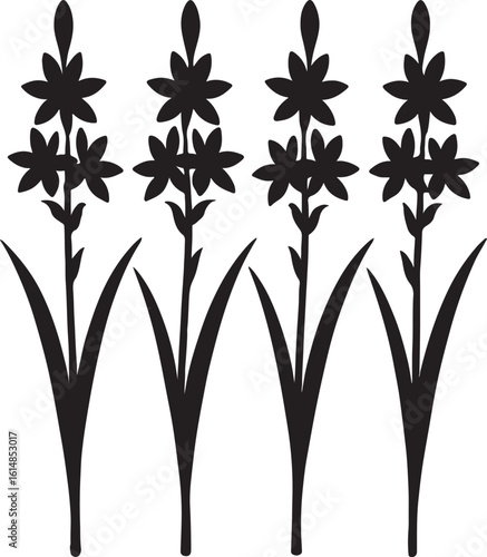 Four stylized black flower stalks with leaves