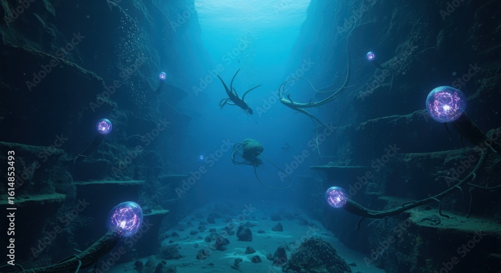 Fototapeta premium Underwater scene depicting a diver exploring an ancient submerged city with glowing orbs