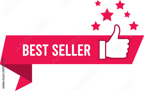 A vibrant red 'Best Seller' ribbon banner featuring a thumbs-up icon and stars. This eye-catching graphic is ideal for e-commerce websites, product catalogs, and marketing materials to highlight top-s
