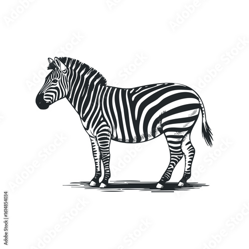 Monochrome Striped Zebra Standing in Profile on White Background. Hand drawn vector illustration